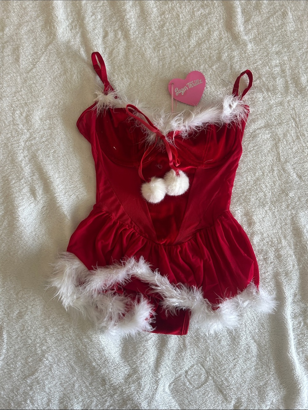 Sugar Thrillz Red Velvet Teddy with White Marabou Pom-Poms